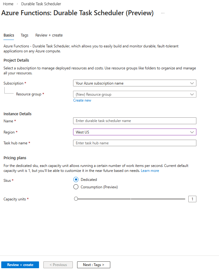 Schermopname van de aanmaakpagina voor de Durable Task Scheduler.