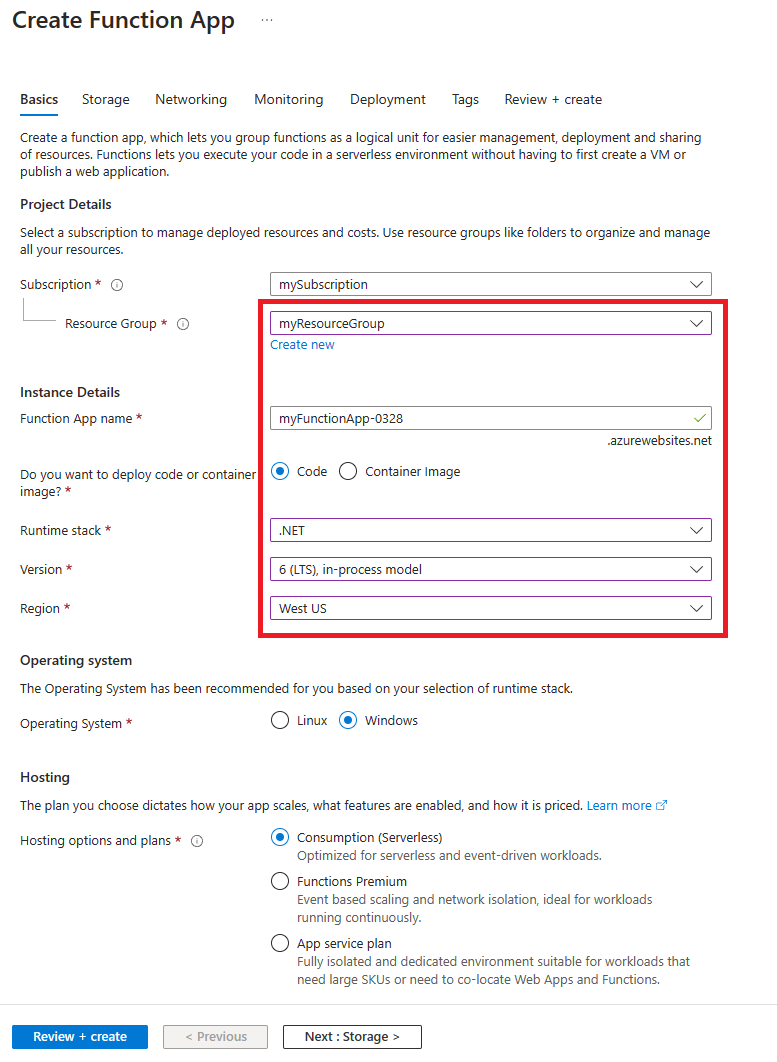 Schermopname van de pagina Functie-app maken in Azure Portal.