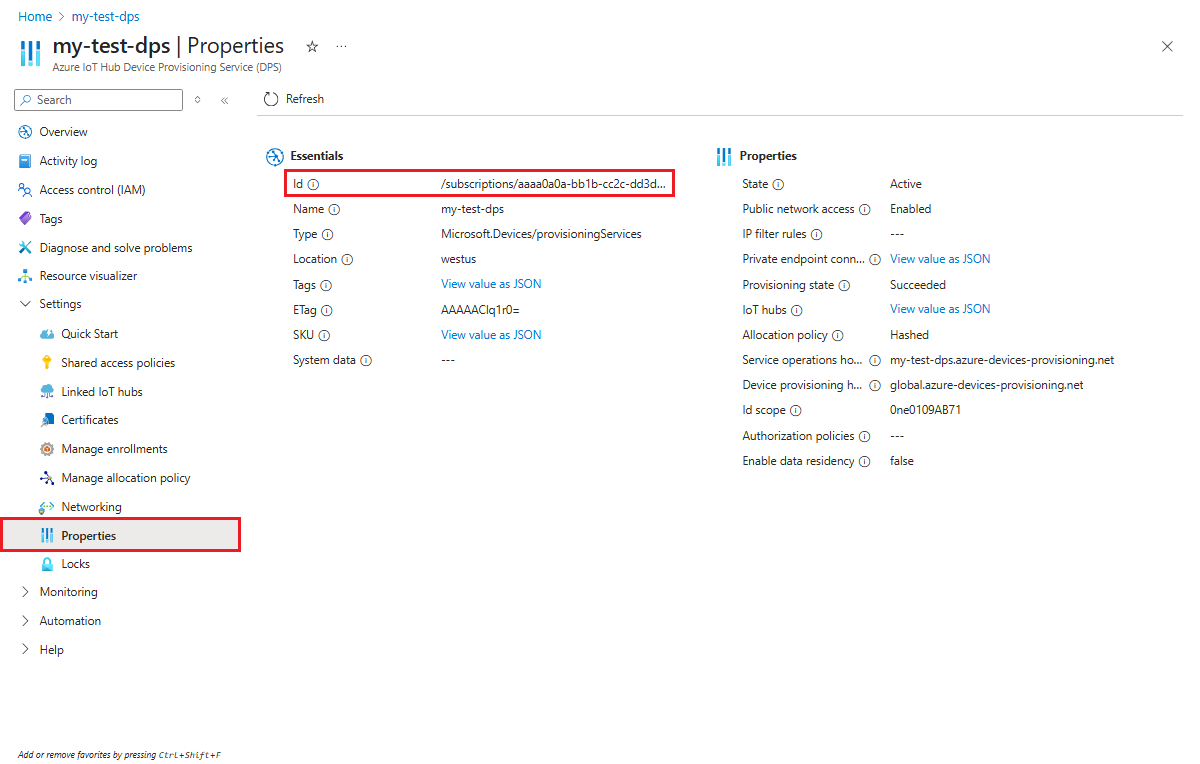 Schermopname van de pagina Eigenschappen van een DPS-exemplaar in Azure Portal, waarin de resource-id voor het DPS-exemplaar wordt gemarkeerd.
