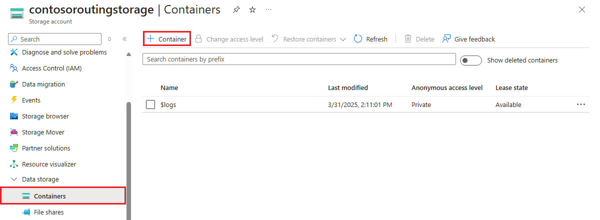 Schermopname van het maken van een container voor een opslagaccount in Azure Portal.