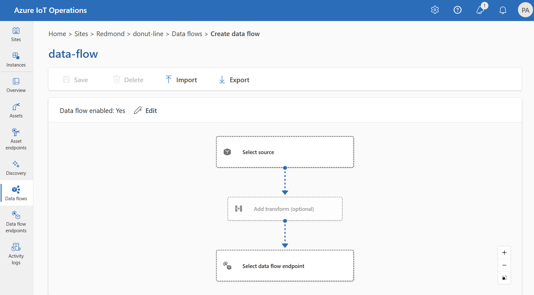 Schermopname van de interface voor de bewerkingservaring met een data flow diagram met een broneindpunt, transformatiefase en doeleindpunt.