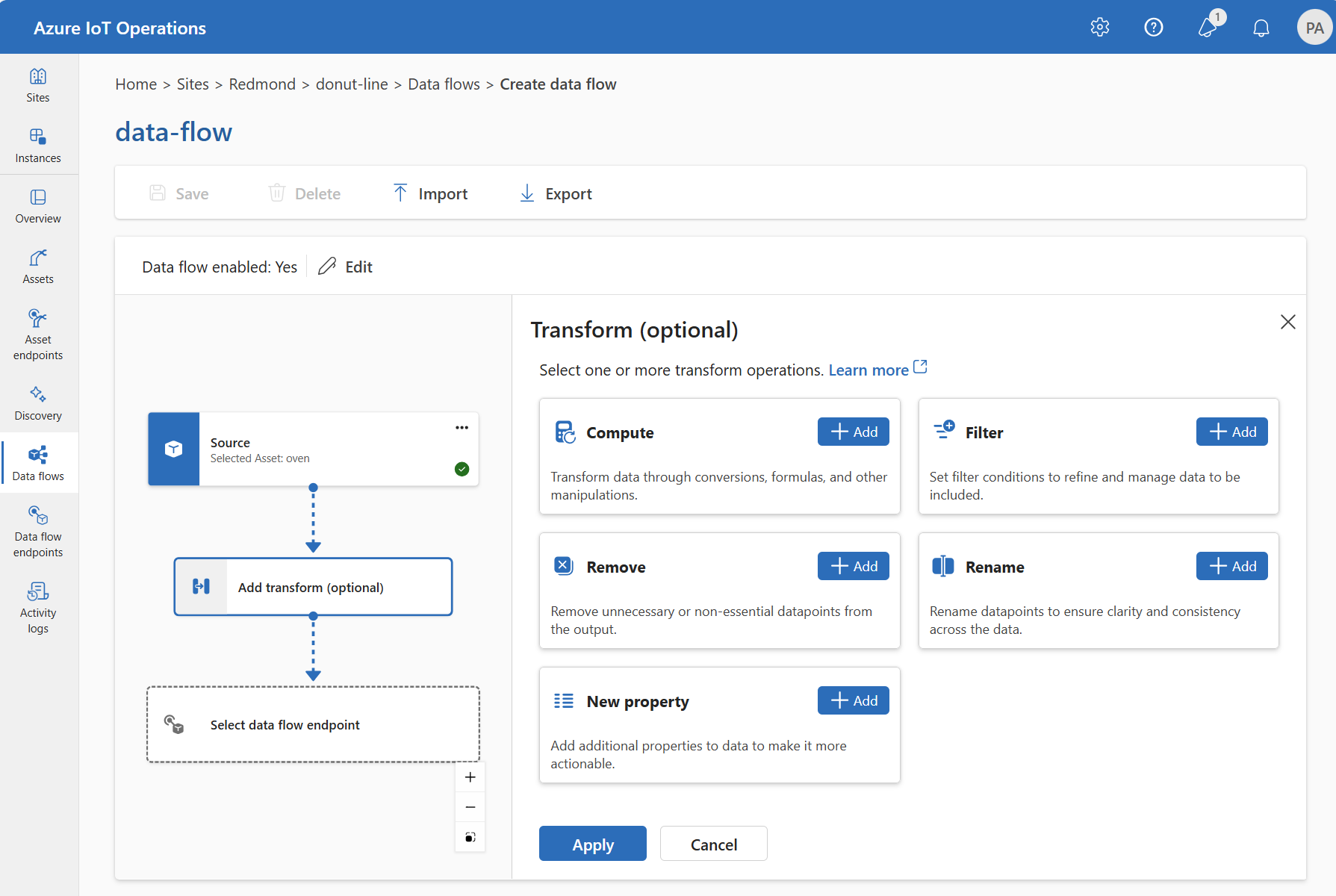 Schermafbeelding van de bewerkingservaringsinterface met de toevoeging van een transformatiefase aan een data flow.