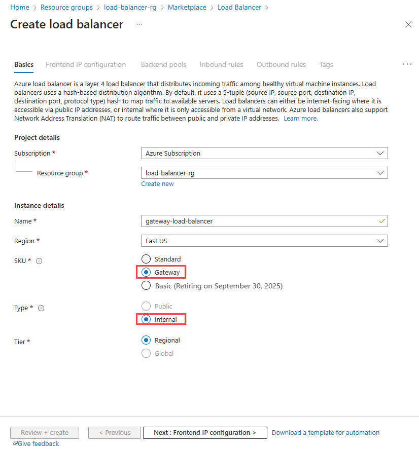 Schermopname van het tabblad Basis voor standaard load balancer.