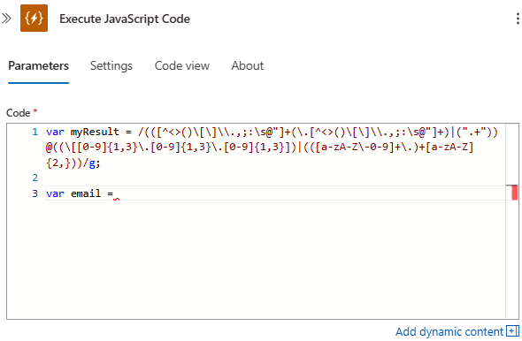 Schermopname van de Verbruik-werkstroom, de actie 'JavaScript-code uitvoeren', en de voorbeeldcode die variabelen creëert.