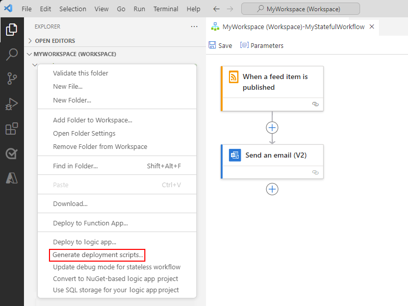Schermopname van Visual Studio Code, explorer-pictogram geselecteerd in het linkermenu, het logische app-project, het snelmenu voor het geopende projectvenster en de geselecteerde optie voor het genereren van implementatiescripts.