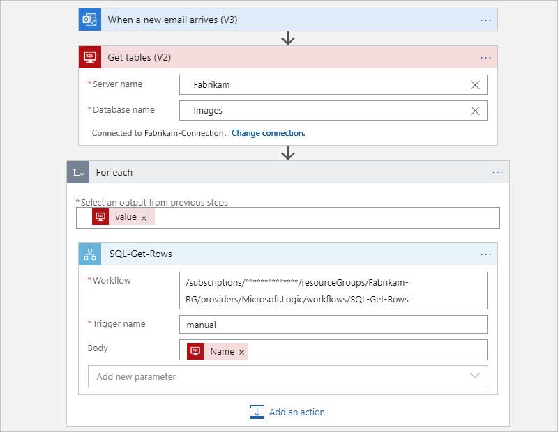 Schermopname van de Verbruik-ouderwerkstroom die de SQL Server-tabellen ophaalt en de kindwerkstroom aanroept.