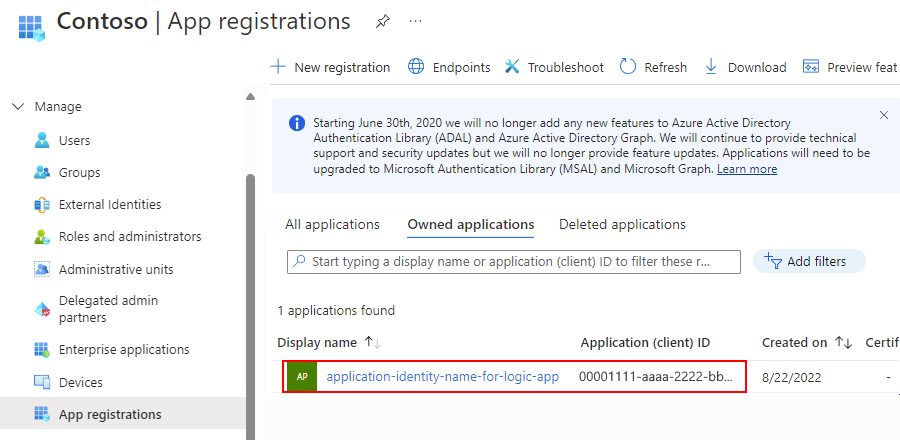 Schermopname van de toepassingsidentiteit voor uw logische app.