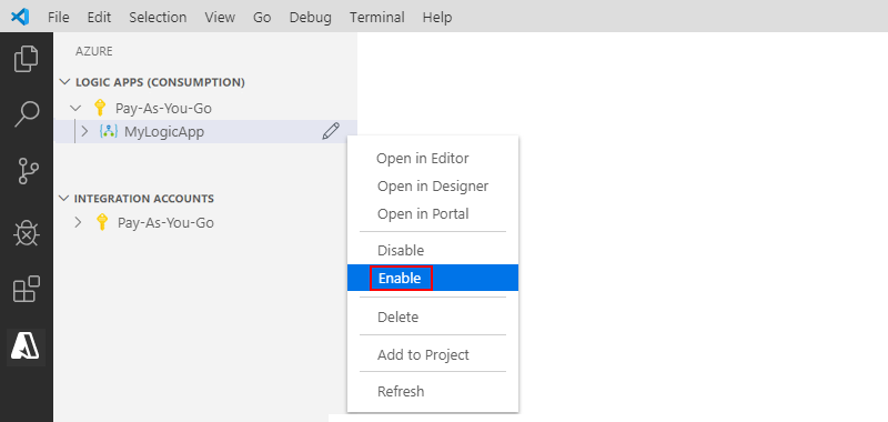Schermopname die Visual Studio Code toont en hoe u een logic app-resource inschakelt.