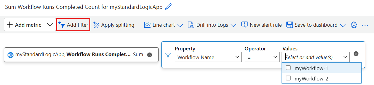 Schermopname van een voorbeeld met een extra filter voor metrische gegevens voor een standaardwerkstroom voor logische apps.