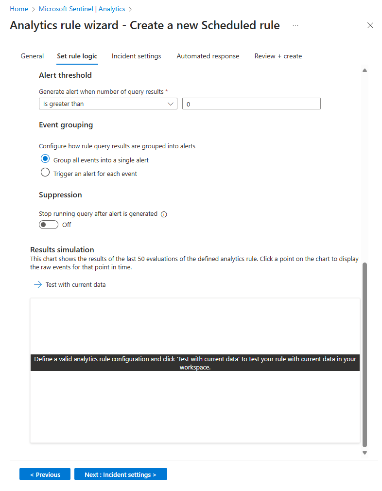 Schermopname van de tweede helft van het tabblad Regellogica instellen in de wizard Analyseregel in de Azure Portal.