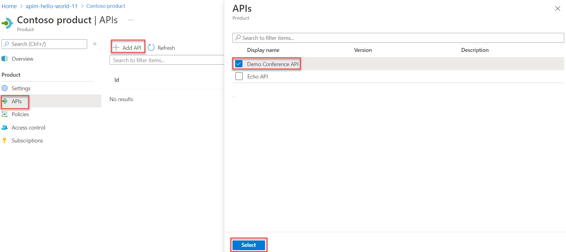 Schermopname van de blade API Management Products API in Azure Portal, waarin wordt getoond hoe u een API toevoegt aan het product dat is gemaakt voor de Static Web Apps-resource.