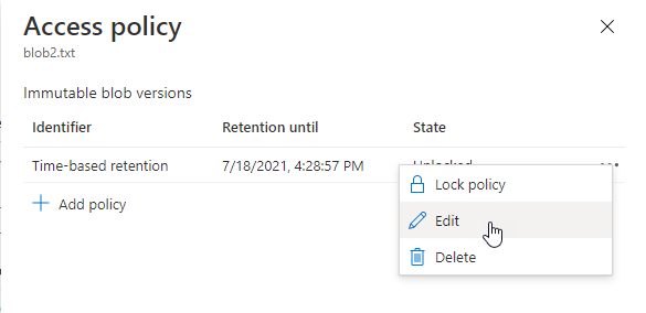 Schermafbeelding van het bewerken van een bestaand bewaarbeleid op basis van tijd op versieniveau in Azure portal