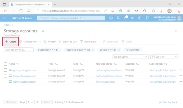 Image met de locatie van de knop Maken op de pagina Opslagaccounts van de Azure-portal.
