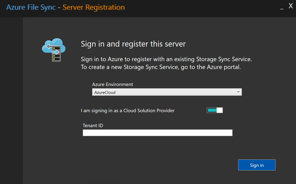 Schermopname van de wisselknop Cloud Solution Provider en het vak voor tenant-id in het dialoogvenster Serverregistratie.