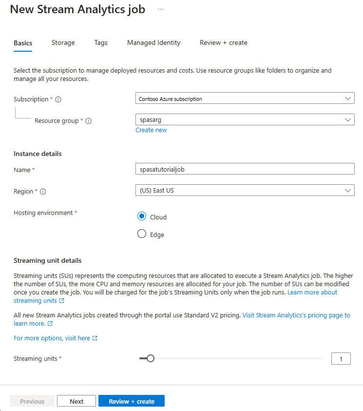 Schermopname die de pagina 'Azure Stream Analytics-taak aanmaken' toont.
