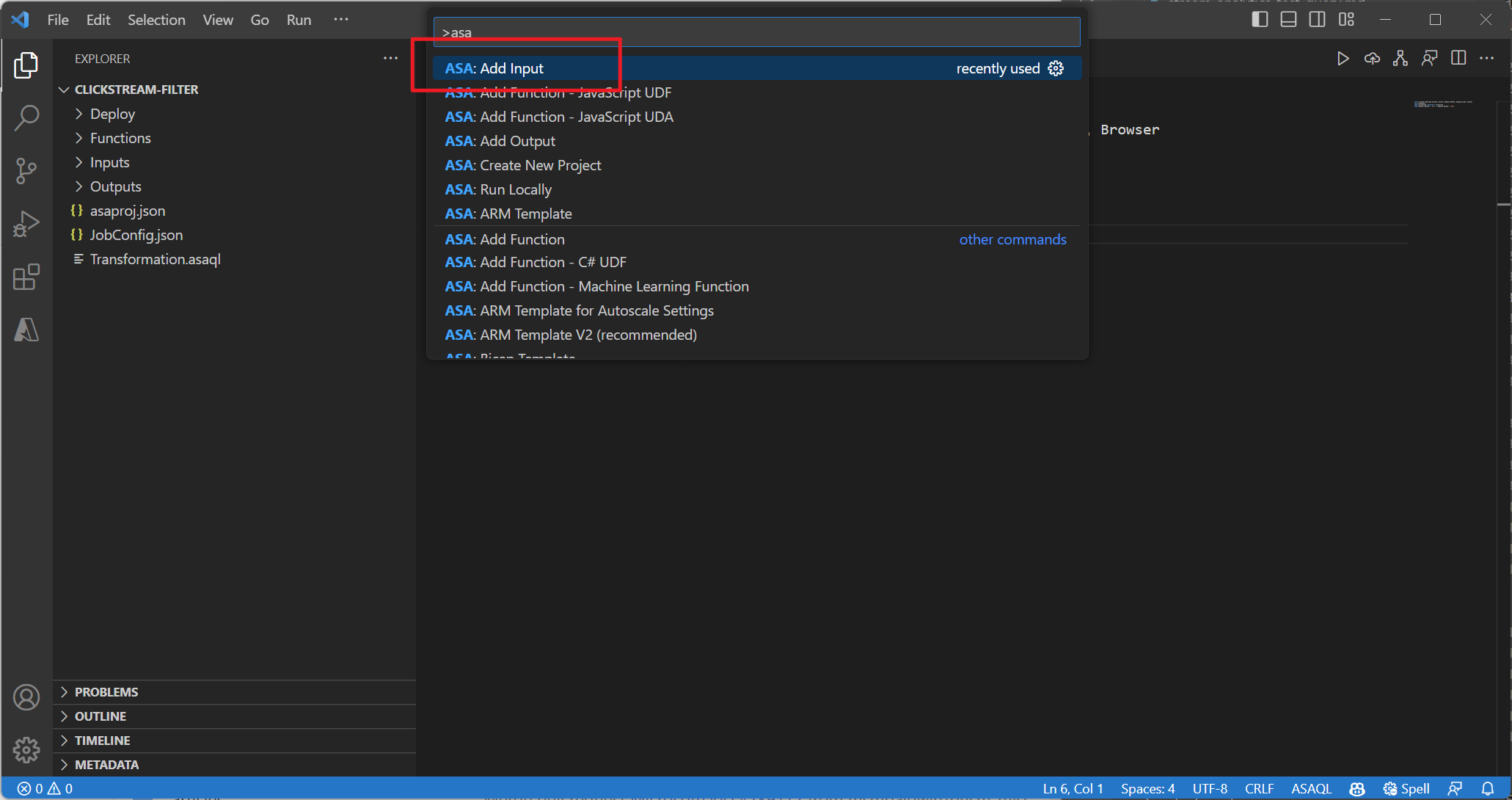 Screenshot van de VS Code-extensie die invoer toevoegt via het opdrachtenpalet.