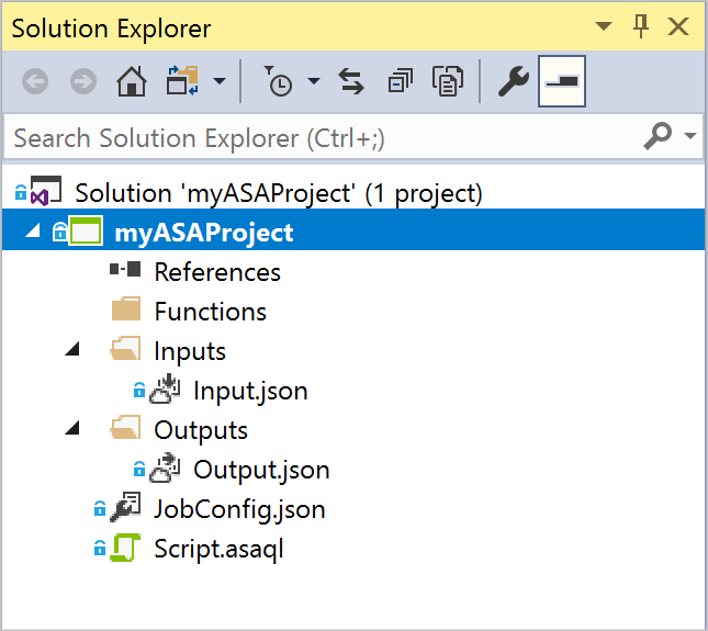 Schermopname van het Solution Explorer-venster voor een voorbeeld van een Stream Analytics-toepassingsproject in Visual Studio.
