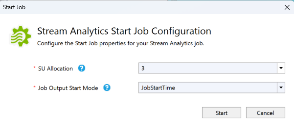 Schermopname van het dialoogvenster Taakconfiguratie van Stream Analytics starten.