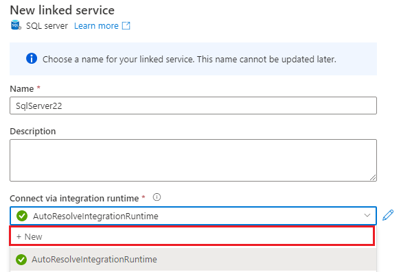 Schermopname die laat zien hoe je een nieuwe zelf-gehoste Integration Runtime maakt.