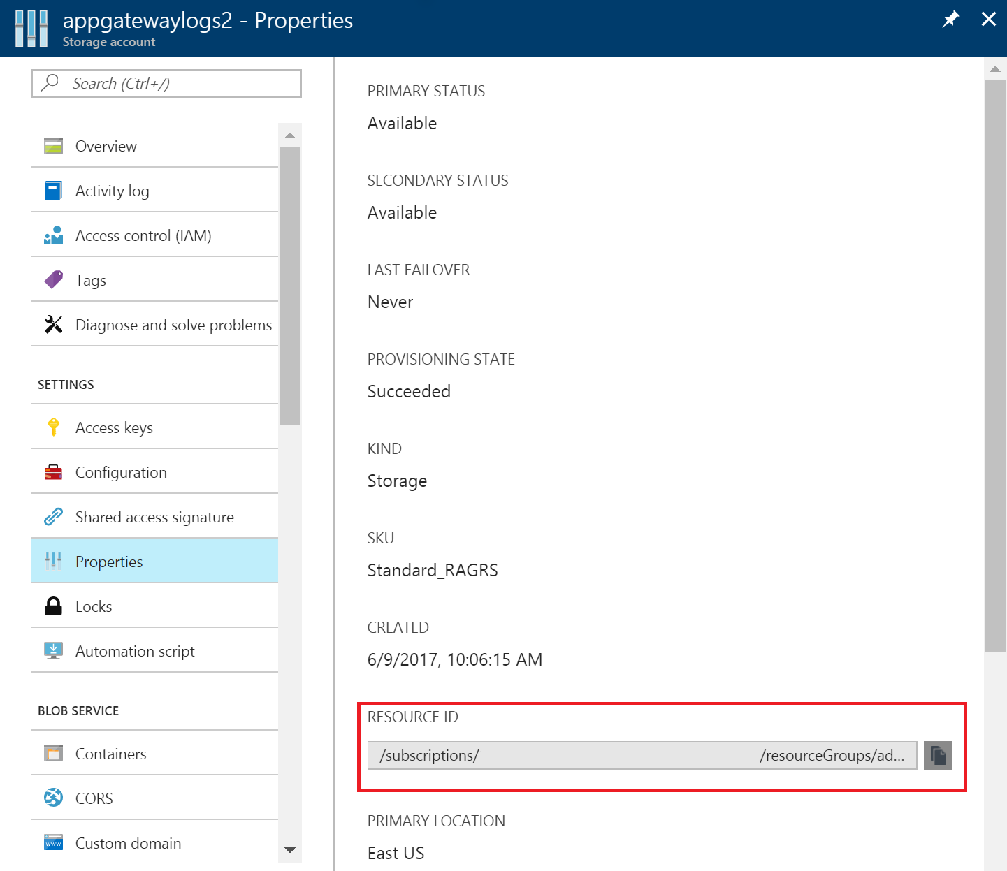 Portal: resource-ID voor opslagaccount