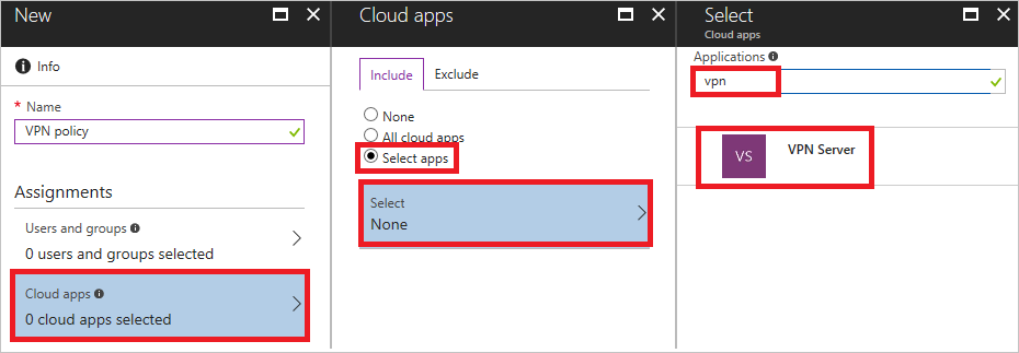 Schermopname van de interface Toewijzingen na het selecteren van Cloud-apps, waarbij selecteerbare app-opties worden gemarkeerd.