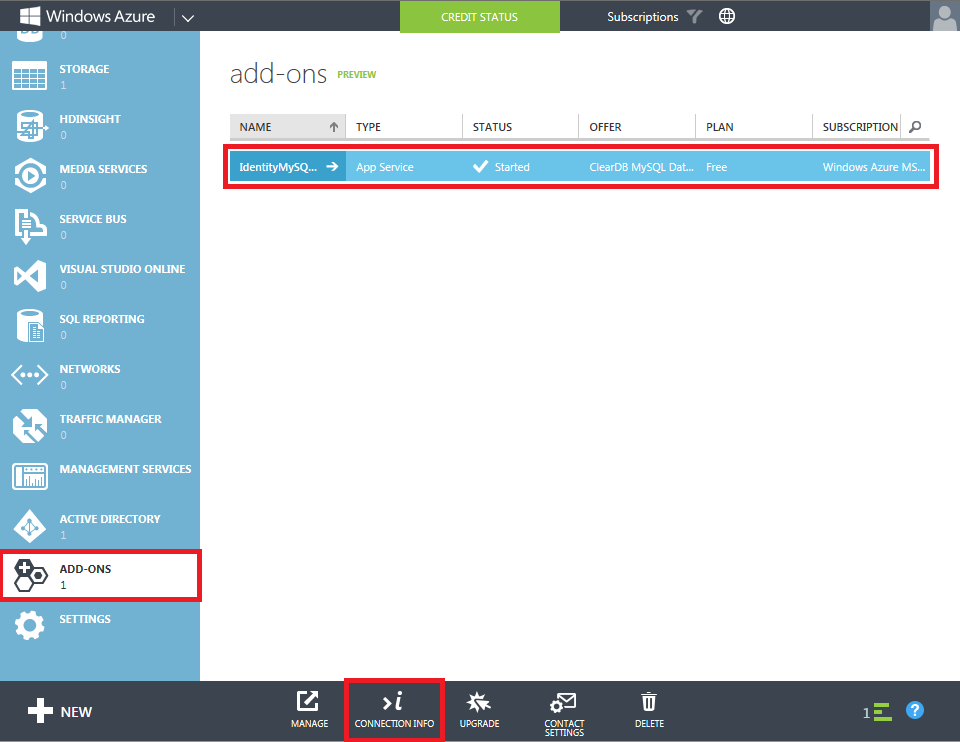Schermopname van de beheerportal met het tabblad Add Ons, the Identify My S Q L database item en the Connection Info button gemarkeerd in rood.