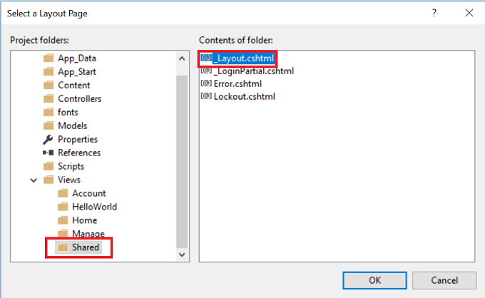 Schermopname waarin de pagina Een indeling selecteren wordt getoond. De gedeelde submap is geopend en Layout.cshtml is geselecteerd.