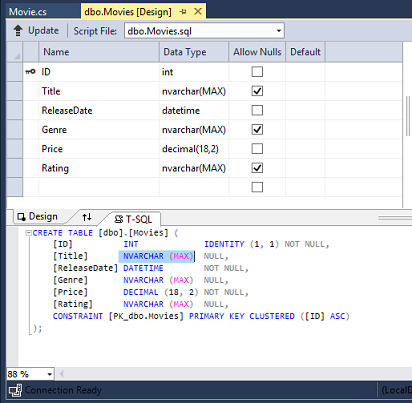 Schermopname waarin het Venster Server Explorer is geopend en zich op het dbo. Movies Design-tabblad bevindt.