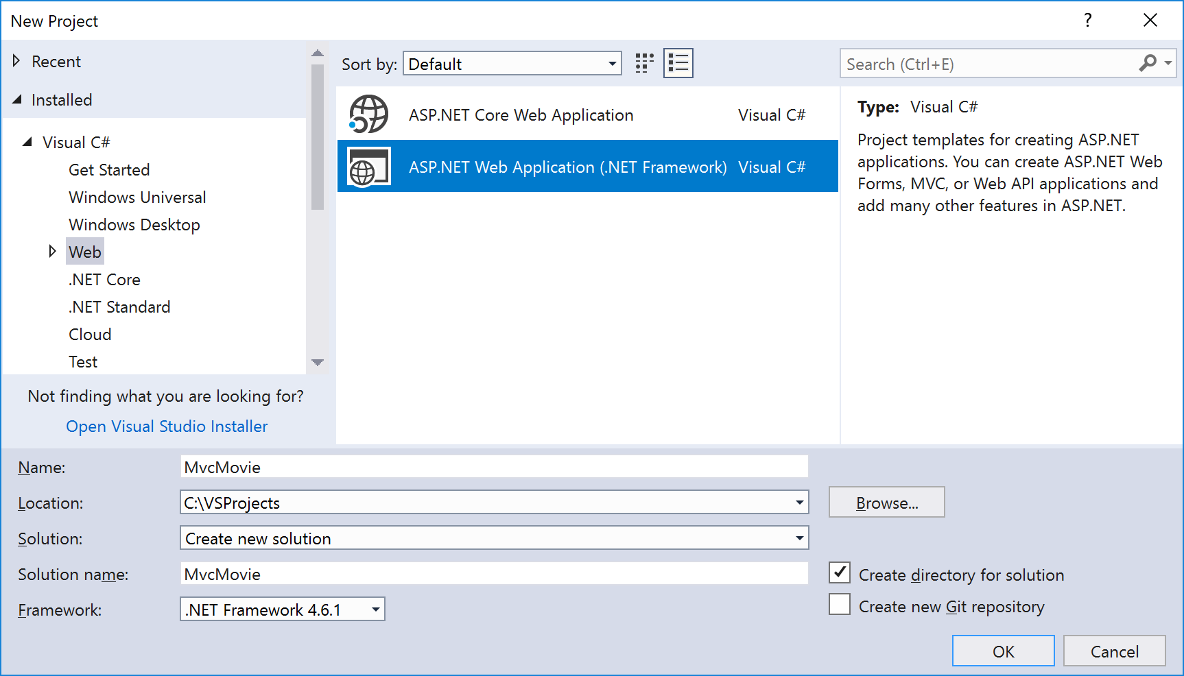 Schermopname van het venster Nieuw project. Web en A S P dot NET Web Application dot NET Framework zijn geselecteerd.