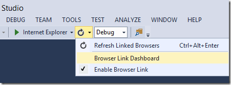 Schermopname van het Visual Studio-menu, met het pictogram Vernieuwen gemarkeerd en browserkoppelingsdashboard gemarkeerd in het vervolgkeuzemenu.