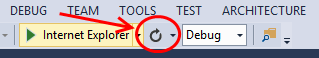 Schermopname van Visual Studio, met de knop Vernieuwen gemarkeerd in rood. De knop Vernieuwen is een cirkelvormige pijl.