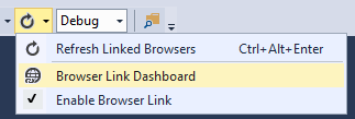 Schermopname van Visual Studio, met de knop Vernieuwen gemarkeerd en browserkoppelingsdashboard gemarkeerd in het vervolgkeuzemenu.