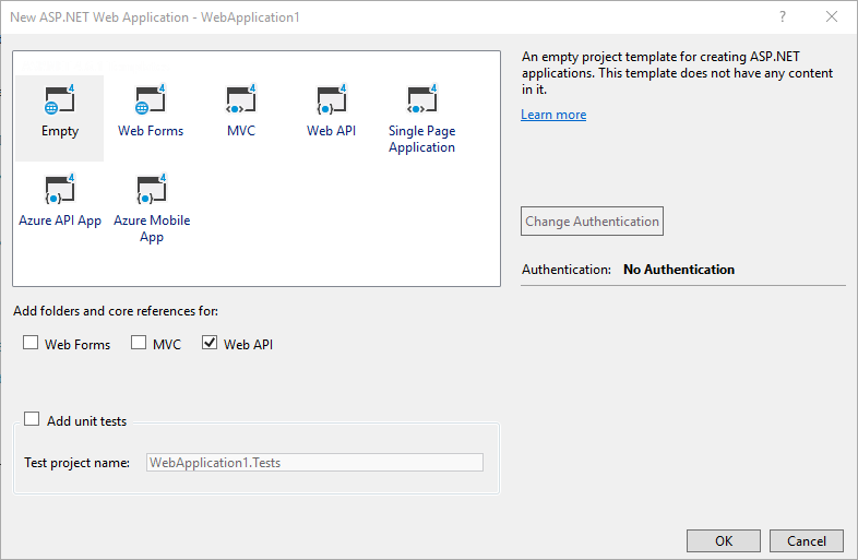 Schermopname van het dialoogvenster New A P P NET Project, waarbij web-A P I is ingeschakeld om automatisch configuratiecode in te stellen.