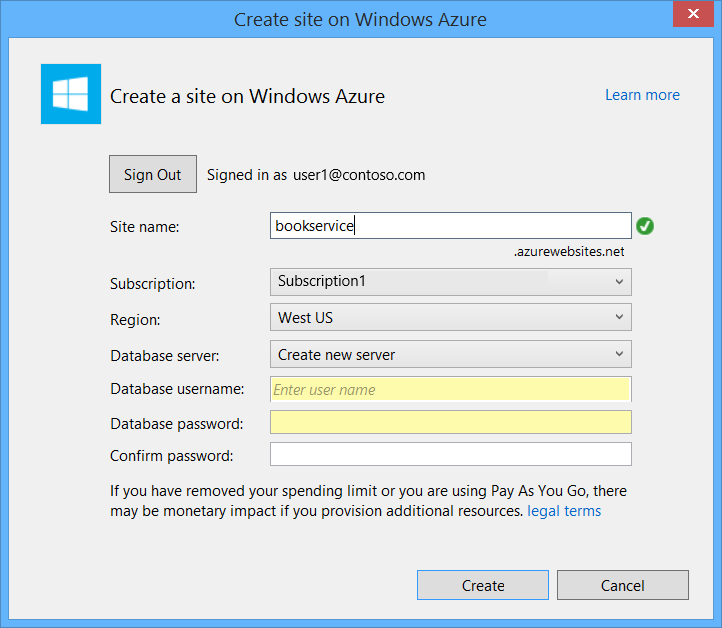 Schermopname van het dialoogvenster Site maken in Windows Azure met de velden Database-gebruikersnaam en Databasewachtwoord gemarkeerd in geel.