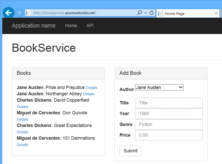 Schermopname van het browservenster met de zojuist geïmplementeerde Book Service-website en een lijst met boeken en auteurs met koppelingen naar details.