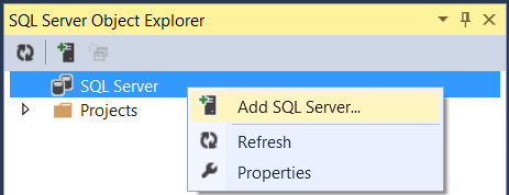 Schermopname van de S Q L Server Object Explorer met het S Q L Server-item blauw gemarkeerd en het item Add S Q L Server gemarkeerd in geel.