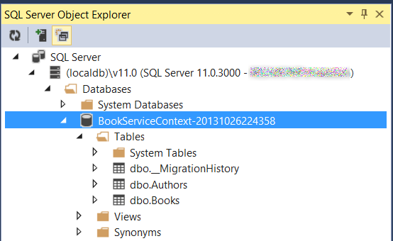 Schermopname van de SQL Server Object Explorer met de maphiërarchie en het Book Service Context-item gemarkeerd in blauw.