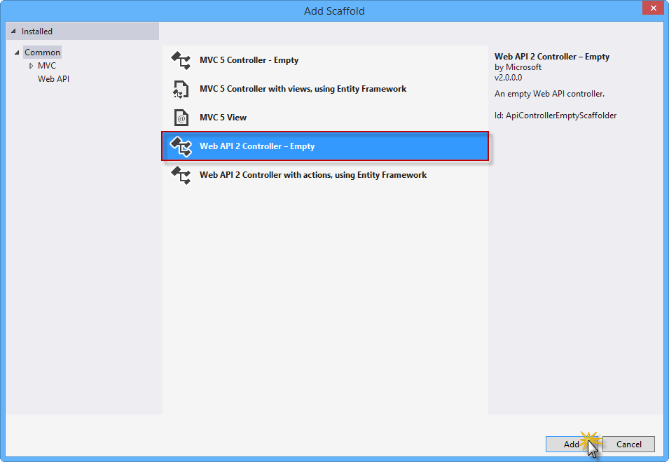 De lege sjabloon voor de Web API 2-controller selecteren