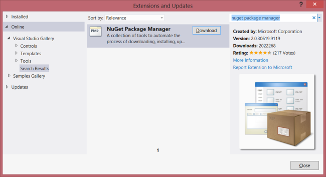 Schermopname van het dialoogvenster Extensies en updates met NuGet Package Manager in de zoekresultaten, die grijs is gemarkeerd.