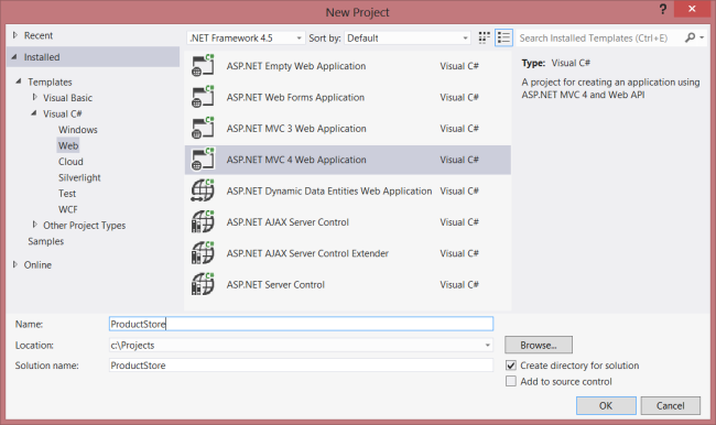 Schermopname van het nieuwe projectscherm van Visual Studio. Een S P dot net M V C 4-webtoepassing is gemarkeerd.