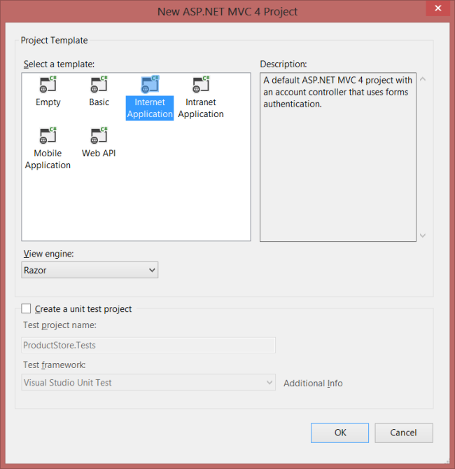 Schermopname van het nieuwe A S P dot net M V C 4-projectscherm van Visual Studio. De sjabloon Internetapplicatie is gemarkeerd.