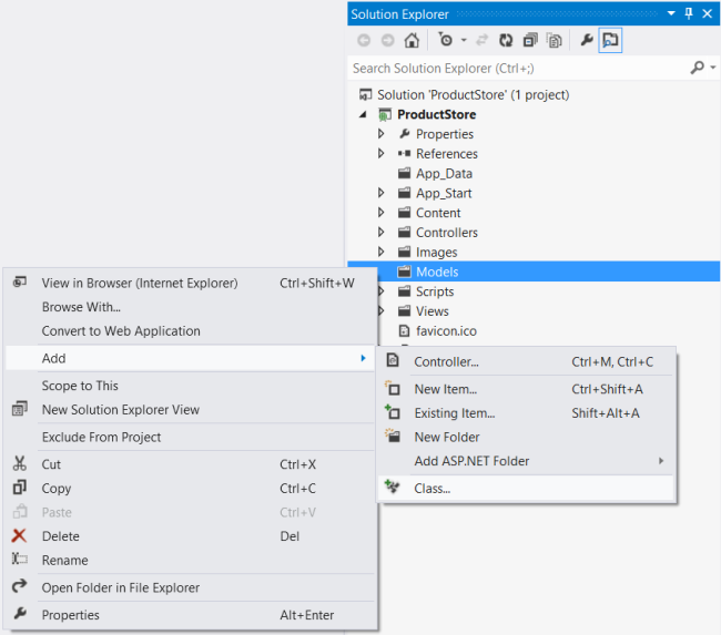 Schermopname van het menu Solutions Explorer voor de map Modellen. Het menu Toevoegen is geopend en de optie Klasse is gemarkeerd.