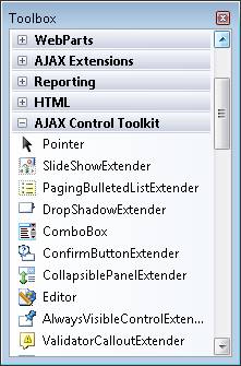 AJAX Control Toolkit wordt weergegeven in de gereedschapskist