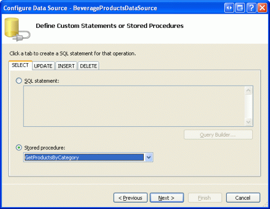 Selecteer de opgeslagen procedure GetProductsByCategory in de lijst Drop-Down