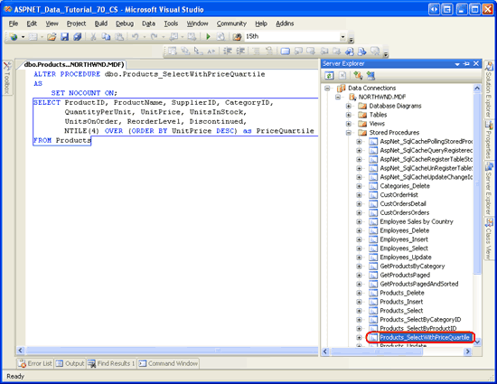Zorg ervoor dat de database de Products_SelectWithPriceQuartile opgeslagen procedure bevat