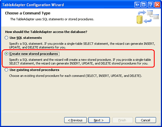 Instructeer de TableAdapter Wizard om de opgeslagen procedure voor ons te maken
