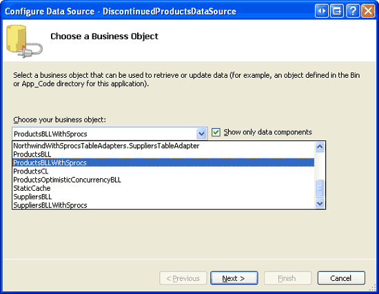 De ObjectDataSource configureren voor het gebruik van de klasse ProductsBLLWithSprocs