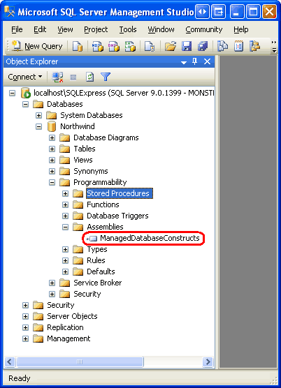 De ManagedDatabaseConstructs-assembly is nu geregistreerd bij de Northwind-database
