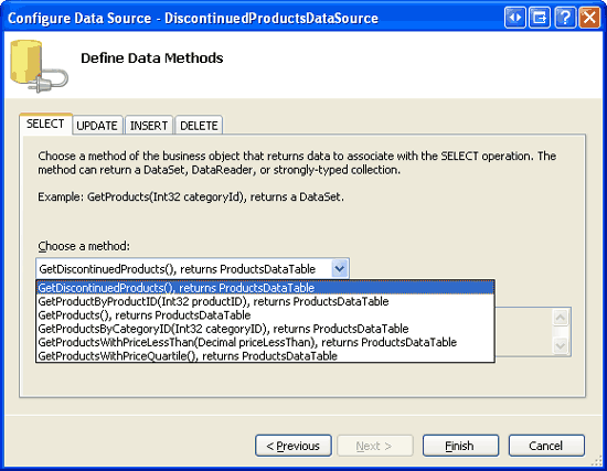 Kies de methode GetDiscontinuedProducts in de Drop-Down-lijst op het tabblad SELECT