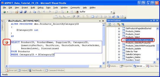 Een onderbrekingspunt instellen in de Products_SelectByCategoryID Stored Procedure